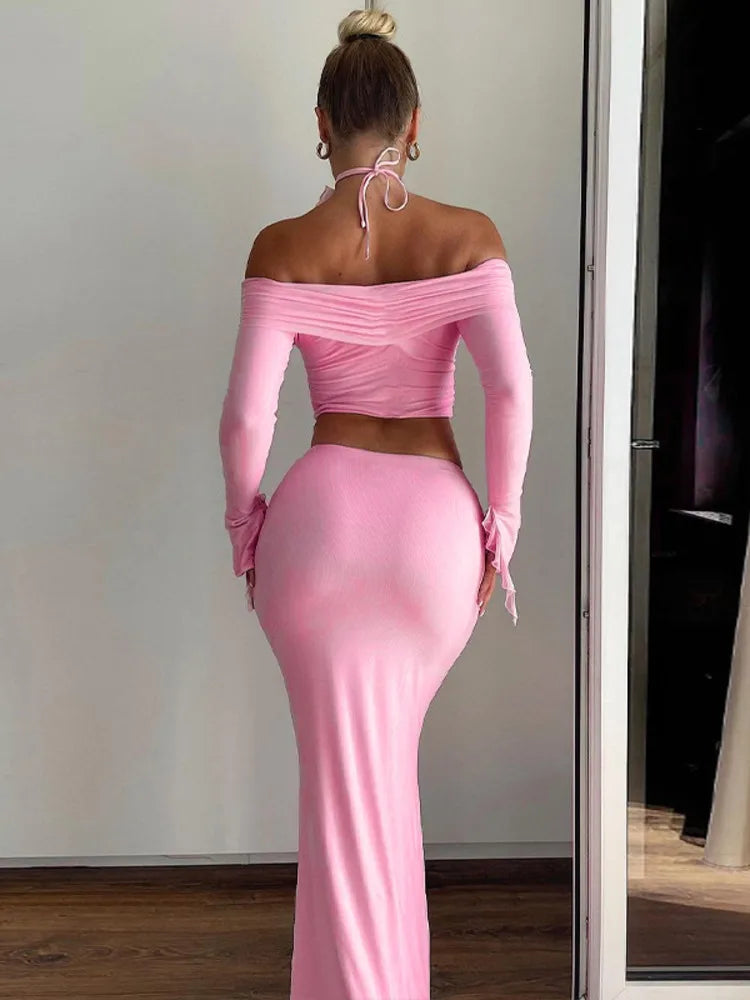Winter New Long Sleeved Half Skirt Set for Woman 3d Flower Slim Tight Long Skirt Party Evening Dress Two Piece Set