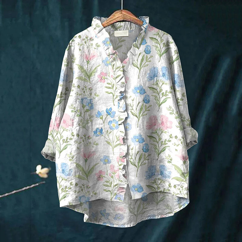 Elegant Floral Patchwork Pattern Art Linen Ruffle Shirt elevenforest