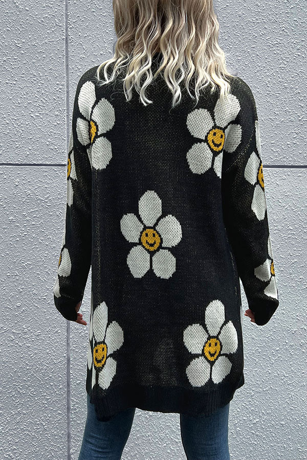 Smiley Print Button Cardigan