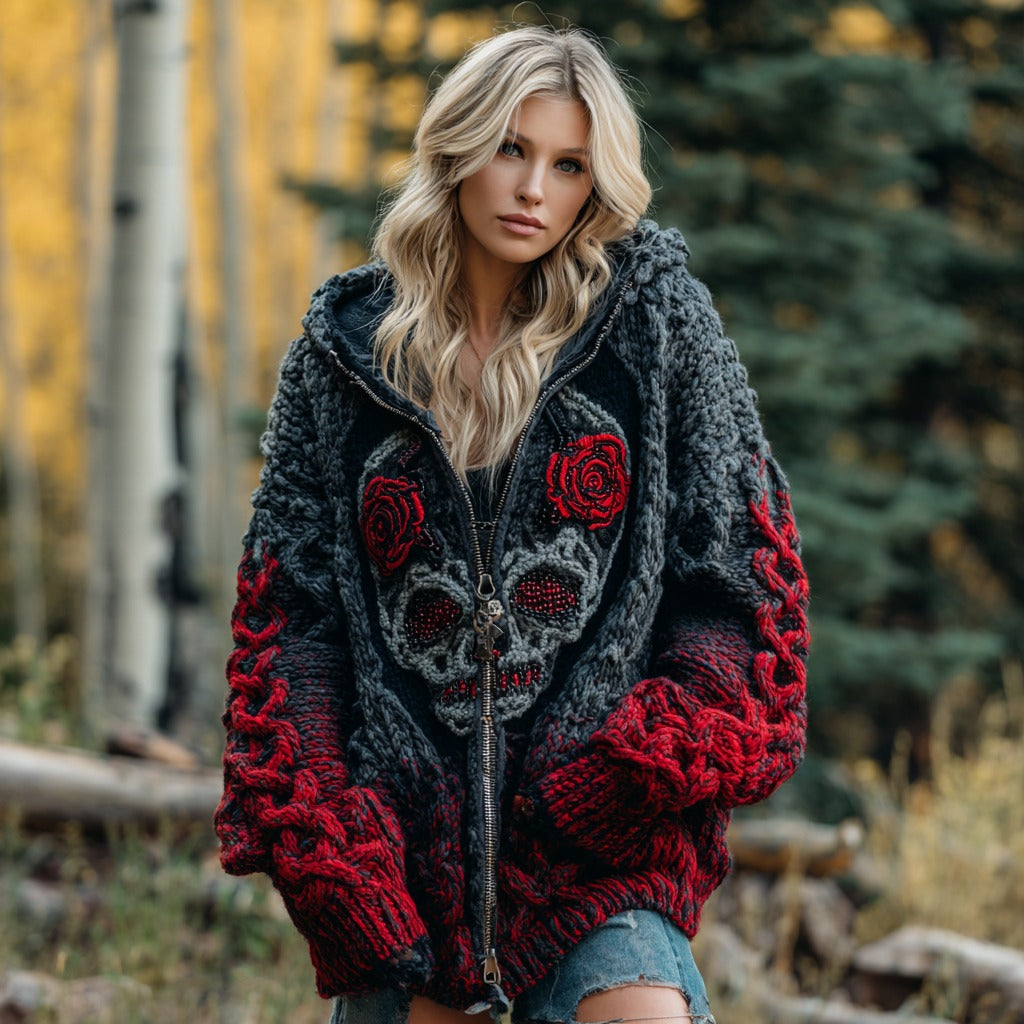 Women's Vintage Viking Celtic Skull Gradient Chunky Knit Zip-up Hooded Sweater artswardrobe
