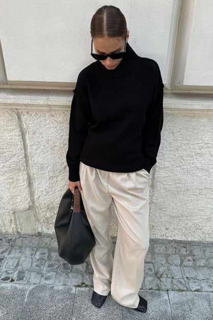 High Neck Patchwork Knit Sweater