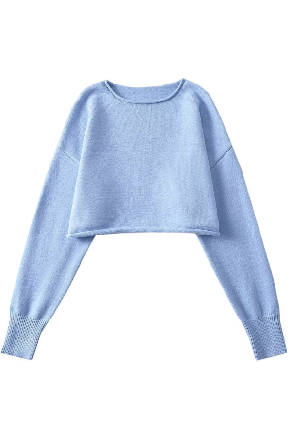 Round Neck Color Loose Long Sleeve Super Short Knitted Sweater