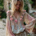 Boho Gauze Floral Sequin Embroidery Vintage Gradient Women's Flowing V-neck Long Sleeve Shirt elevenforest