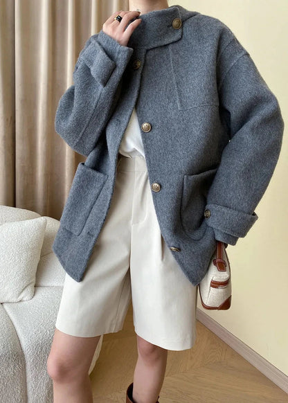 Wool-blend Buttoned Coat With Stand Collar