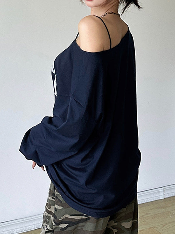 Blue Street Slope Neck Print Sweatshirts