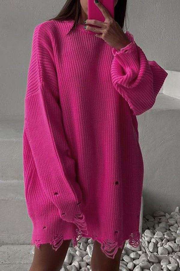 Color Loose Ripped Knitted Mid-length Sweater