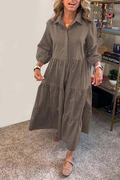 Color Lapel Elastic Cuffs Loose Maxi Dress