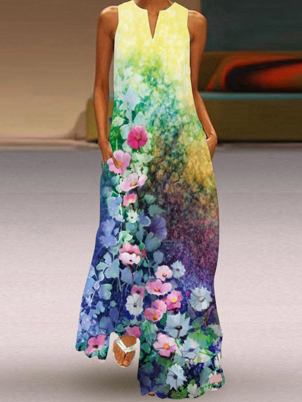 A-line Loose Flower Print Round-neck Maxi Dresses