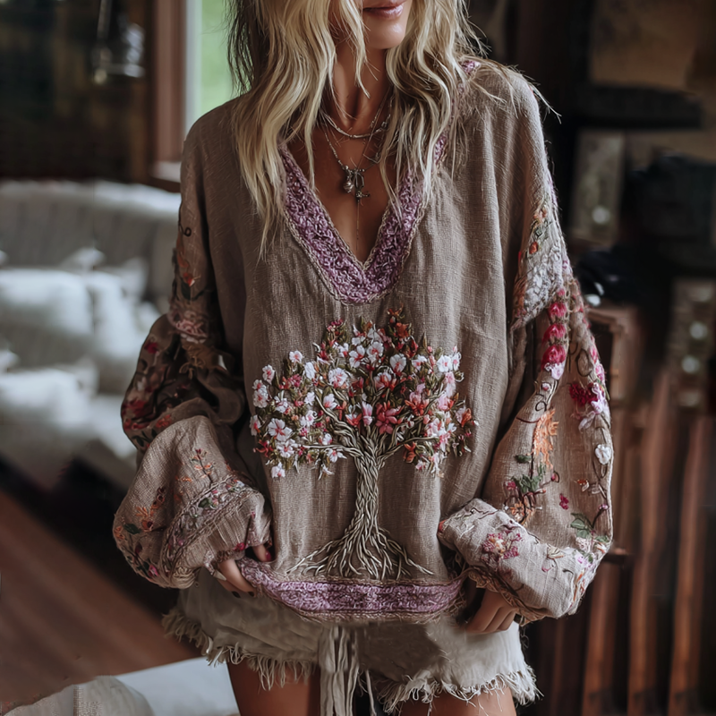 Women's Vintage Tribal Tree Of Life Floral Art Casual Shirt elevenforest