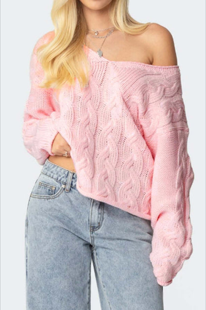 Color V-neck Cable-knit Loose Sweater
