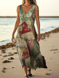 Women's Retro Ethnic Collage Art Pattern Print V-Neck Sleeveless Cotto