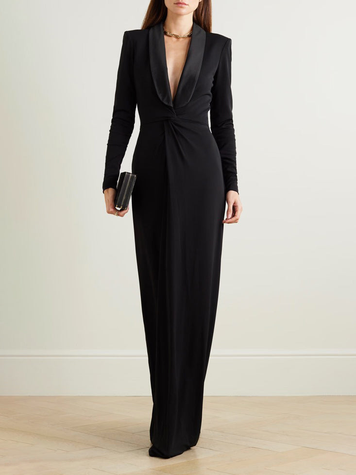 Long Sleeves Skinny Color Deep V-neck Maxi Dresses