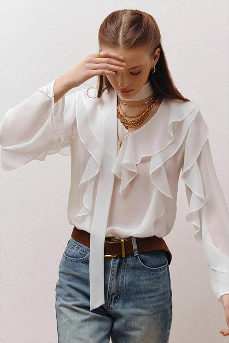 Chiffon Ruffled Tie Blouse
