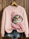 Cozy Cat Embroidered Pink Knit Sweater elevenforest
