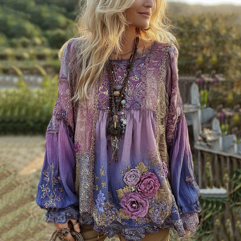 Classy Vintage Floral Splicing Cotton And Linen Long Sleeve Shirt elevenforest