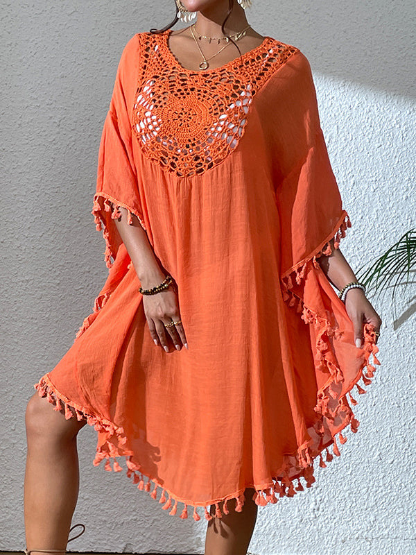 Batwing Sleeves Loose Hollow Color Sun Protection Tasseled Round-neck Cover-ups Tops Midi Dresses
