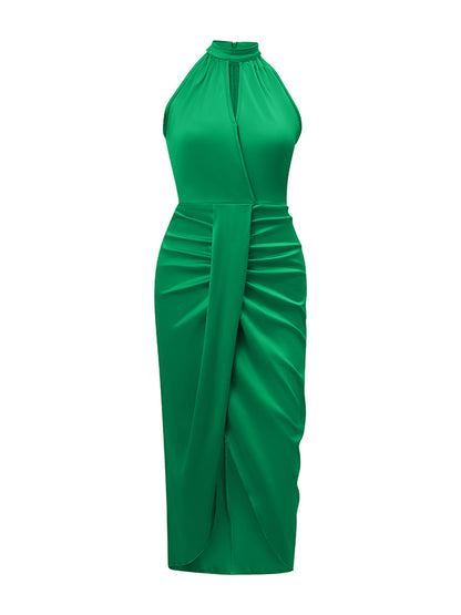 Loose Sleeveless Hollow Pleated Color Split-joint Stand Collar Midi Dresses