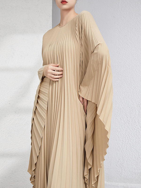 Urban Flared Batwing Sleeves Pleated Color Round-neck Midi Dresses