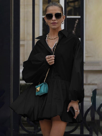 Urban Puff Sleeves Buttoned Split-joint Color Lapel Mini Dresses Shirt Dress