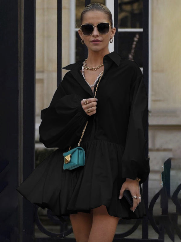 Urban Puff Sleeves Buttoned Split-joint Color Lapel Mini Dresses Shirt Dress