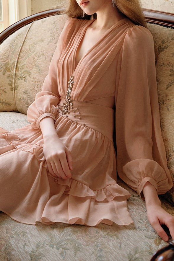 Deep V Cut Out Waist Rhinestone Chiffon Mini Dress