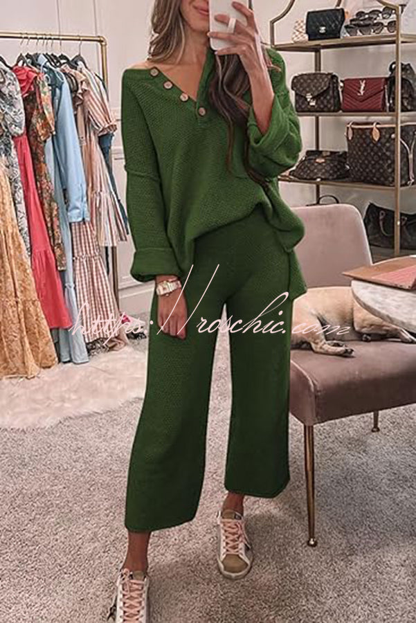Heather Hailey Color Button V Neck Top and Pant Two Piece Set