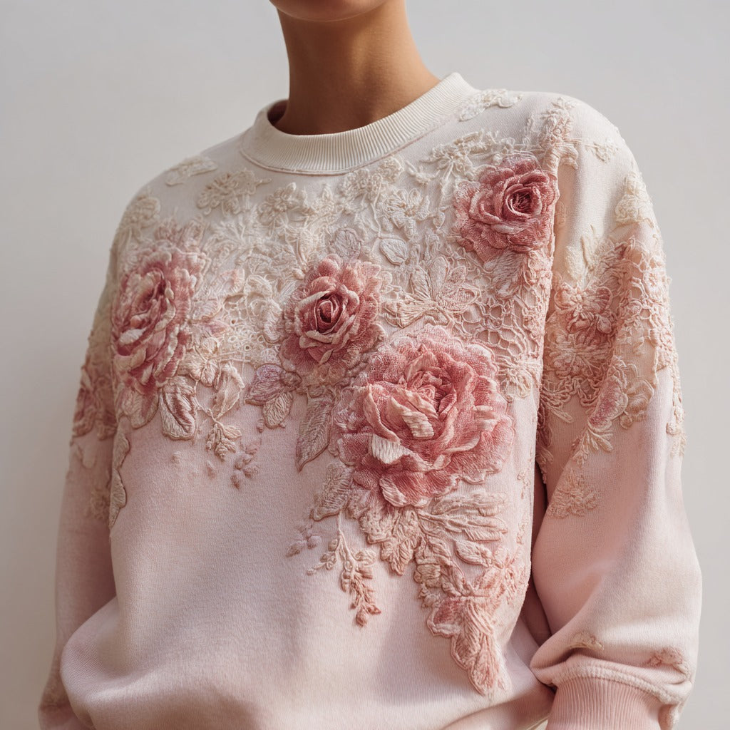 Women's Fashion Rose Embroidery Gradient Cotton Round Neck Sweatshirt elevenforest