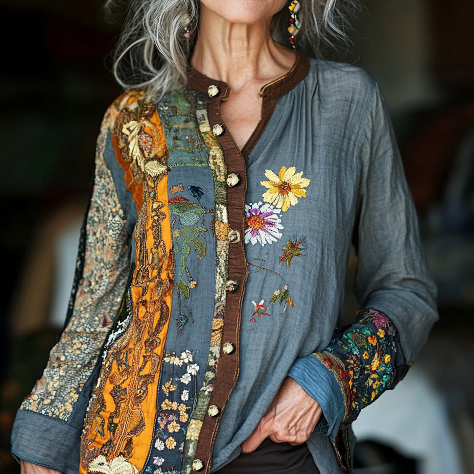 Bohemian Style Patchwork Art Floral Embroidery Linen Long Sleeve Shirt elevenforest