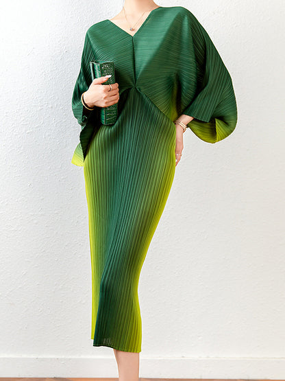 Loose Batwing Sleeves Gradient Pleated Midi Dress