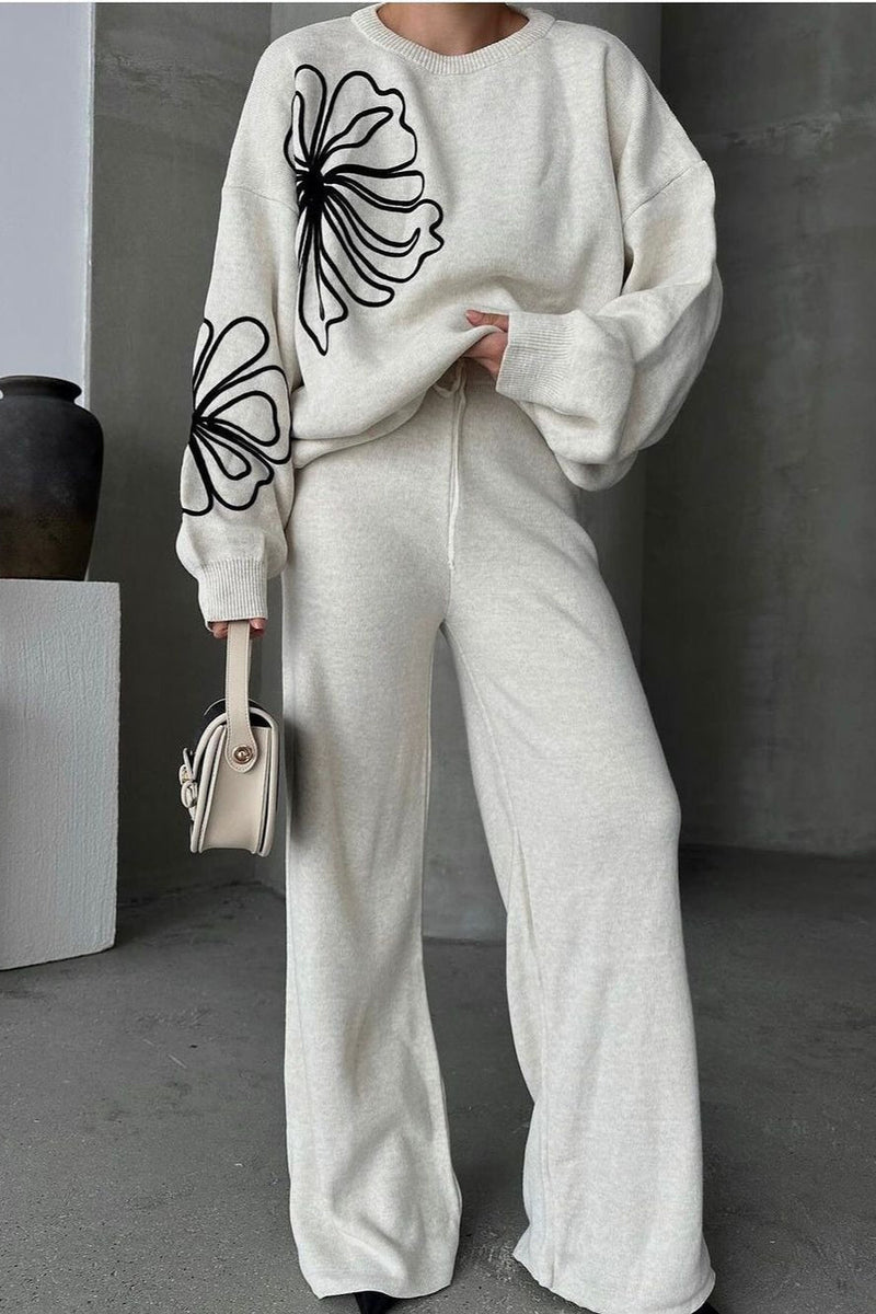 Round Neck Knit Sweater With Pants Two Piece Pants Set
