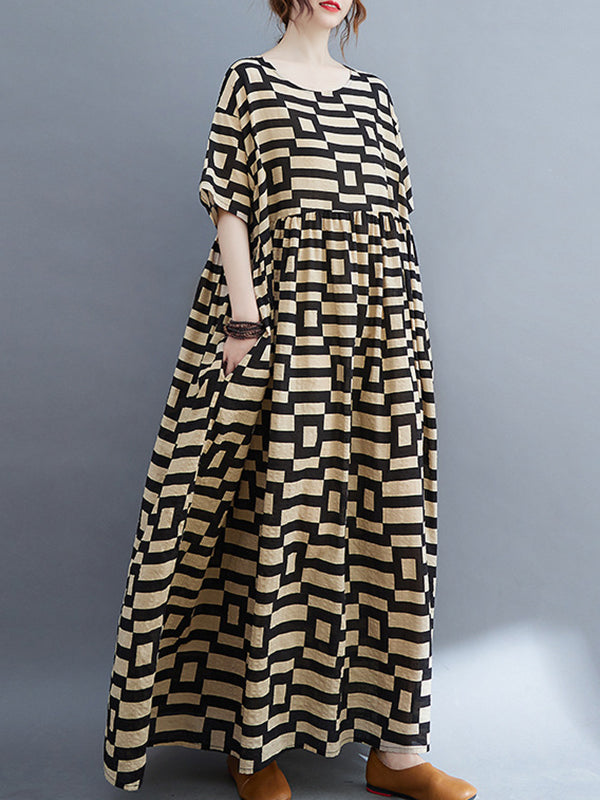 Loose Short Sleeves Plaid Round-neck Midi Dresses