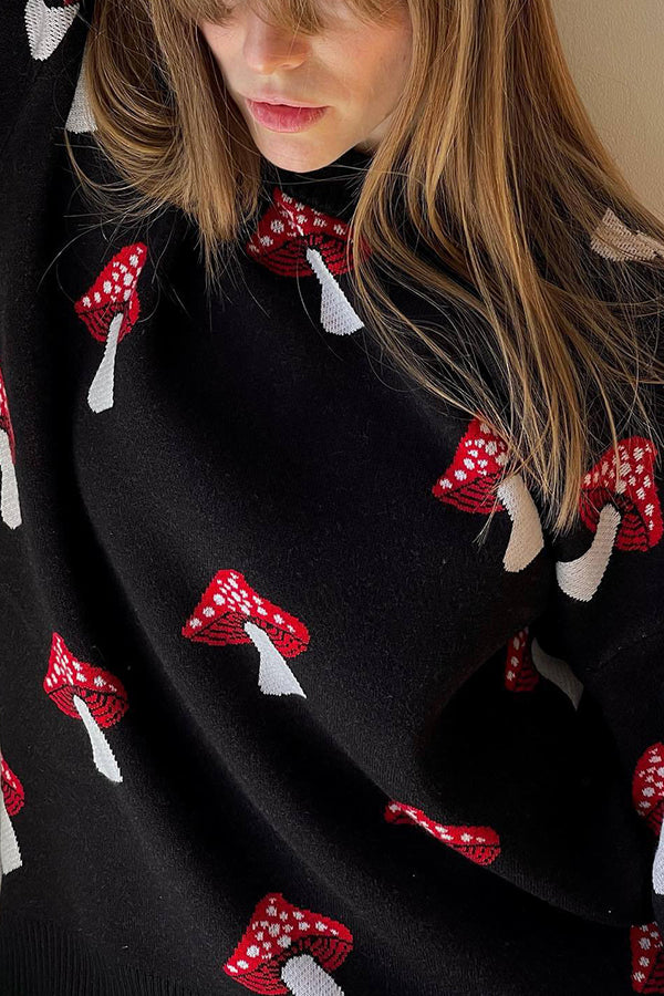 Mushroom Pattern Loose Round Neck Knitted Sweater