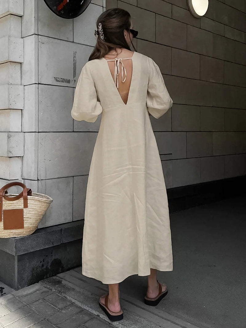 Cotton & Linen Button-front Knotted Long Dress