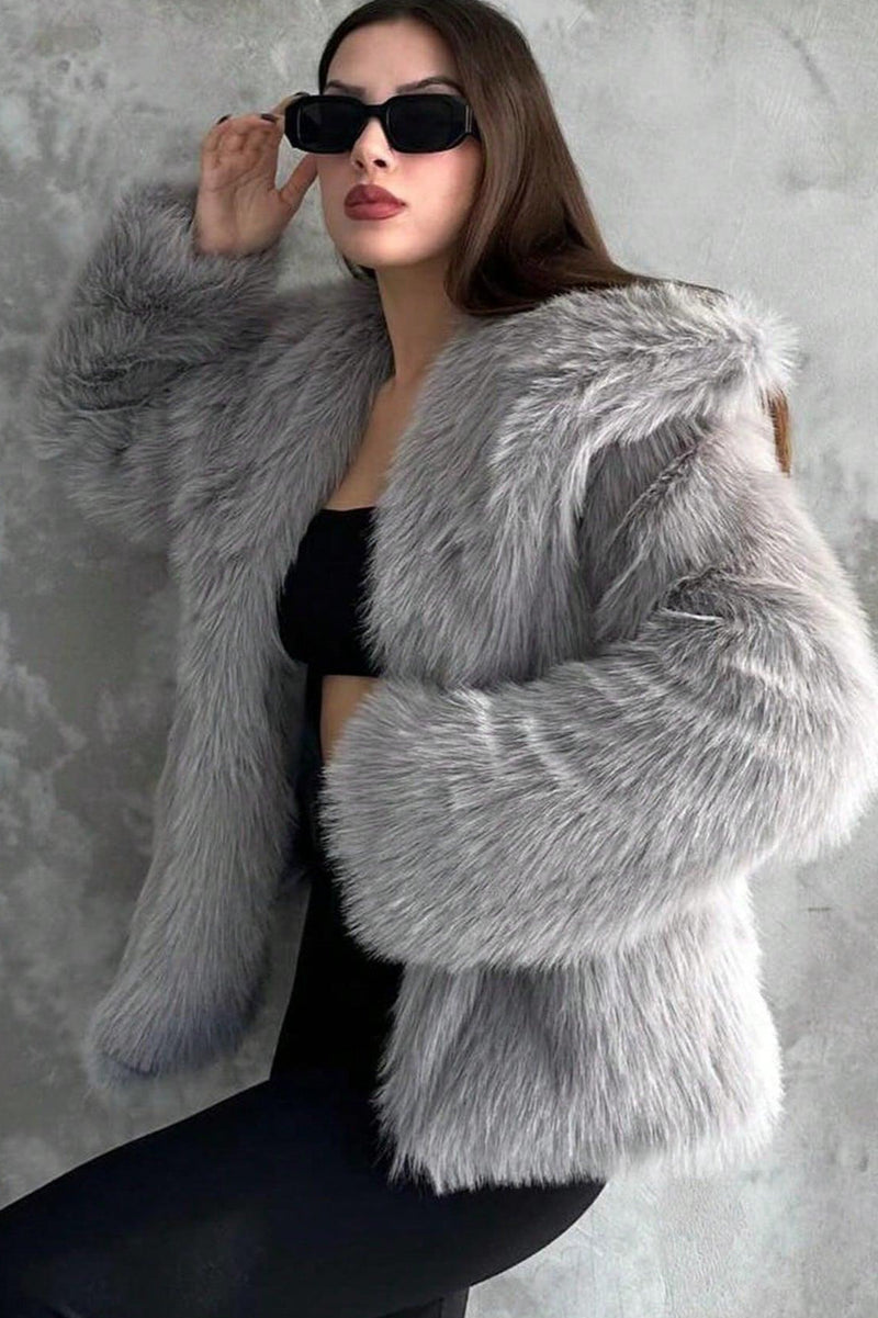 Plush Color Faux Animal Fur Warm Notch Collar Coat