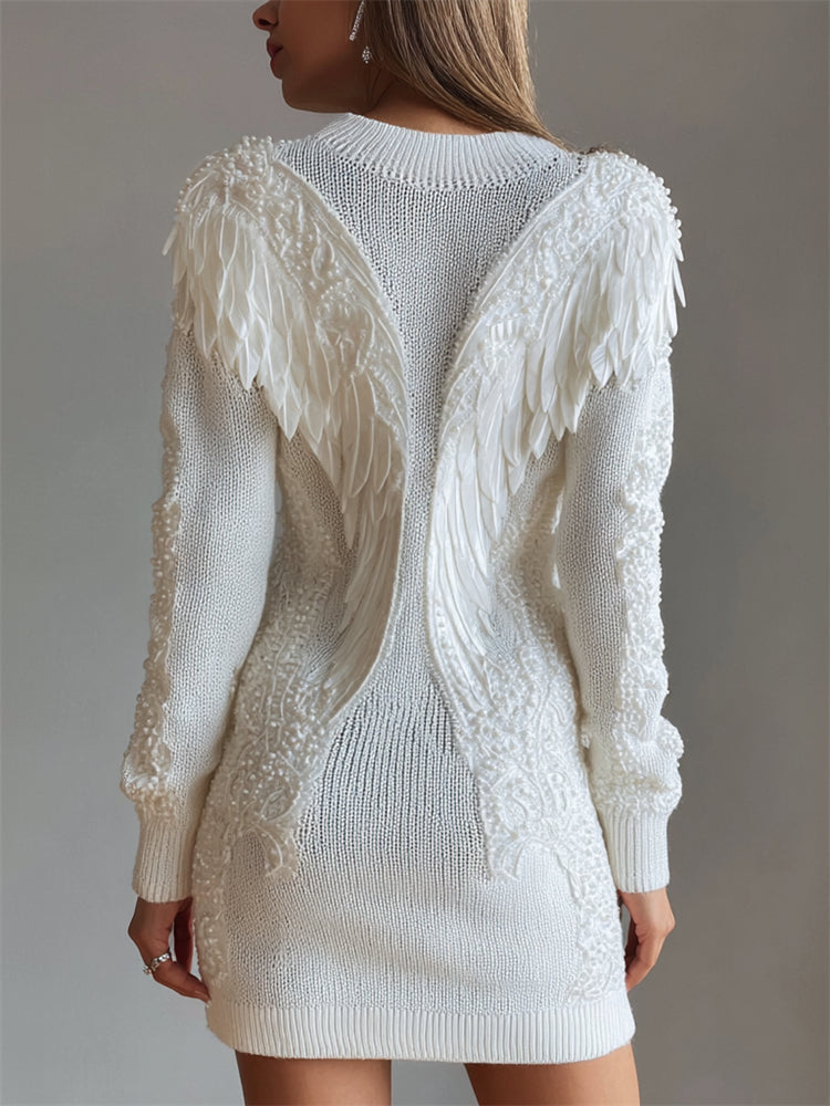Christian Classy Angel Wings Pearls Beaded Cozy Knit Sweater Dress artswardrobe