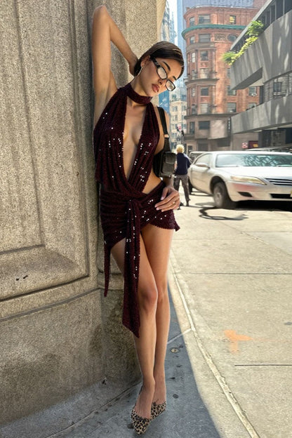 Backless Halter Neck Deep V Sequin Bodycon Mini Dress