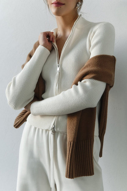 Knit Double Zipper Stand Collar Blouse