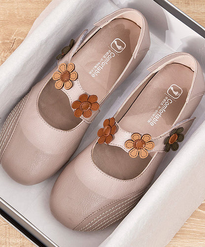 Buckle Strap Flat Shoes for Apricot Cowhide Leather