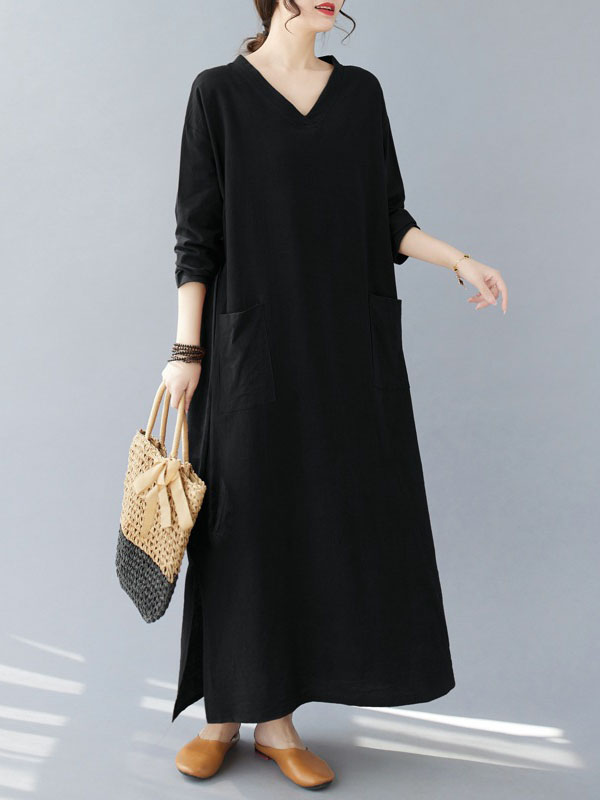 A-line Long Sleeves Pockets Color Split-side V-neck Maxi Dresses