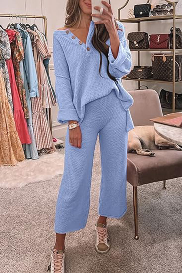 Heather Hailey Color Button V Neck Top and Pant Two Piece Set