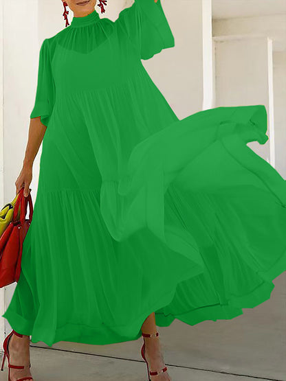 Loose Color Split-joint Inner Dress + Mesh Pleated Mock Neck Outer Dress Two Pieces Set