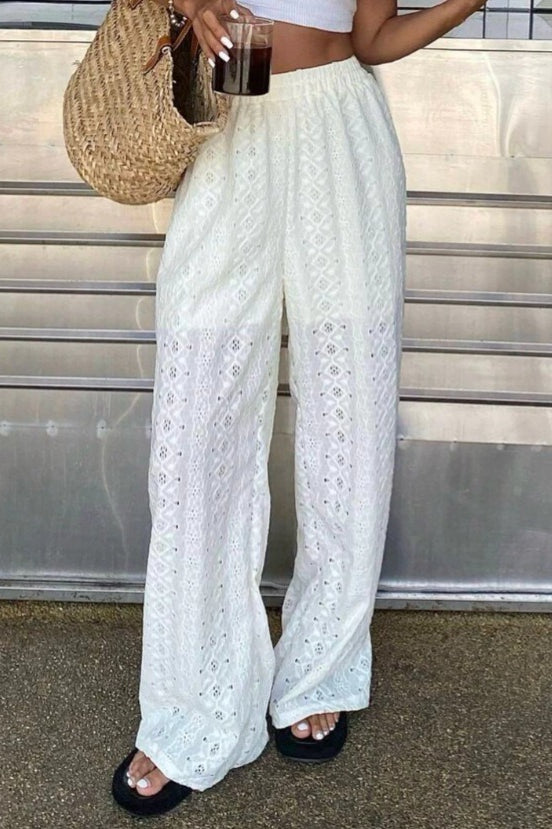 Cutout Embroidered Elastic Waist Pants