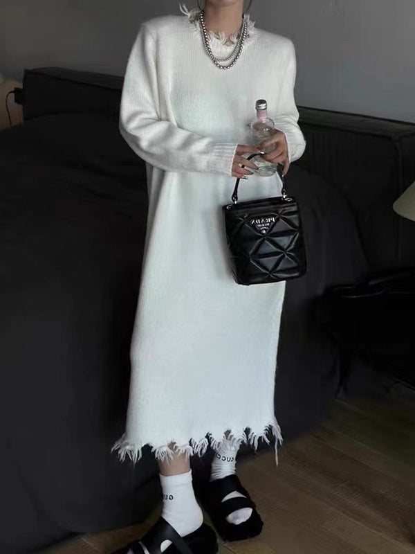 High Waisted Long Sleeves Fringed Color Round-neck Midi Dresses Sweater Dresses