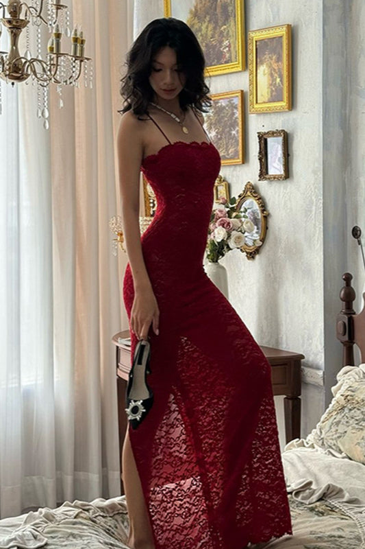 Red Lace Strapless Cami Bodycon Maxi Dress