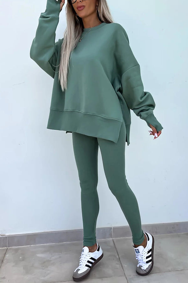 Color Loose Long Sleeve Slitsweatshirt and Elastic Waist Tight Pants Set