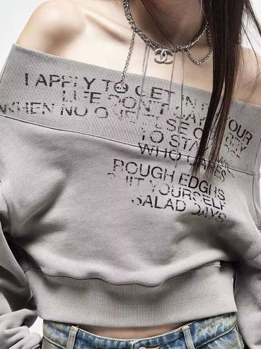 Gray Letter Print Off Shoulder Sweatshirt
