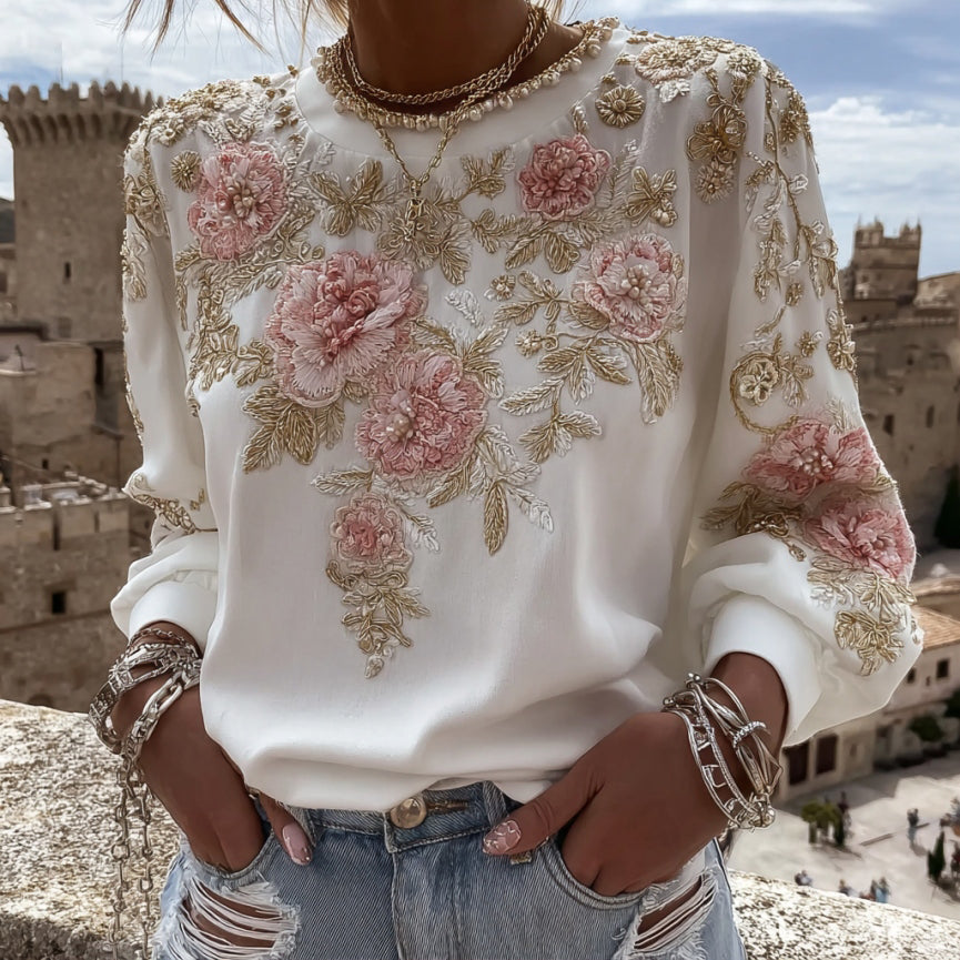 Women's Pink Flower Embroidery Art Round Neck Long Sleeve Casual Sweatshirt elevenforest