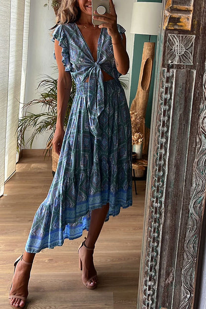 Libby Hippie Printed Tie Front Ruffle Sleeve Smocked Waist Midi Dress