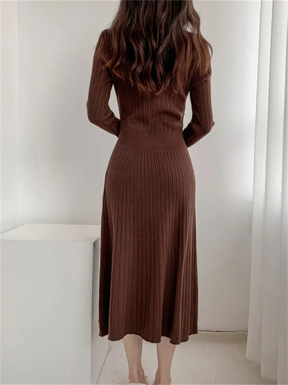 Female Long Dress Pocket Knitwear Ribbed Patchwork High Waist Commute Slim Party Dress Autumn Knit Dress