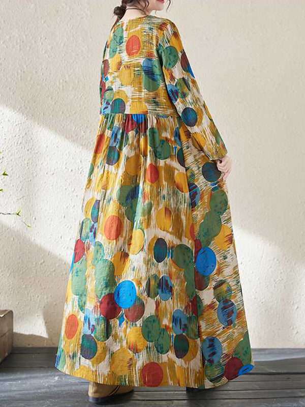 A-line Long Sleeves Pleated Polka-dot Split-joint Round-neck Maxi Dresses